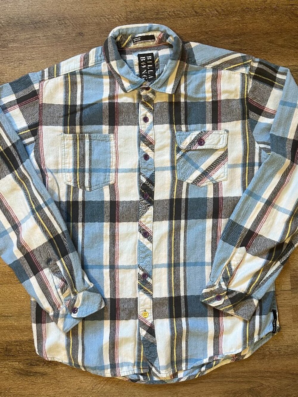 Billabong Casual Button Down Mens Blue Large Plaid Rugged Flannel Shirt